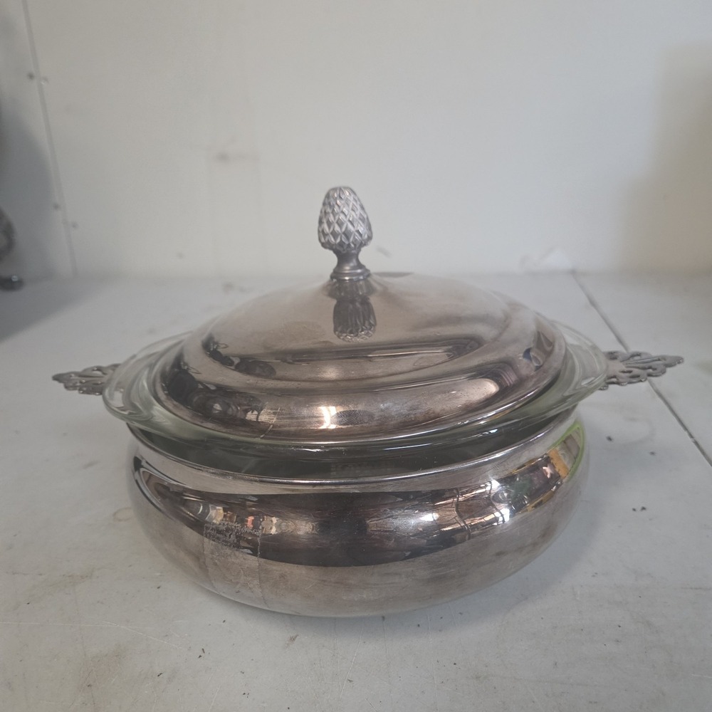 Vtg SHEFFIELD 1126 USA SilverPlate Porringer 10.5" w/PYREX USA Dish 023-N 1.5L